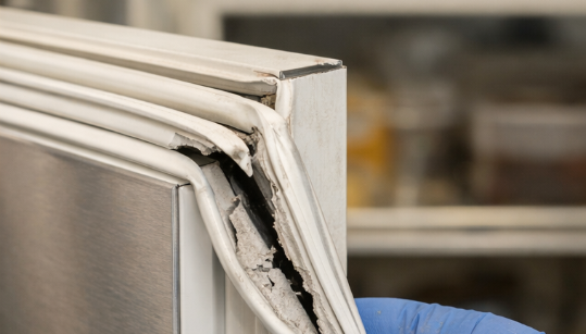 Damaged commercial fridge door seal allowing humid air to enter, reducing refrigeration efficiency and increasing power costs in Darwin