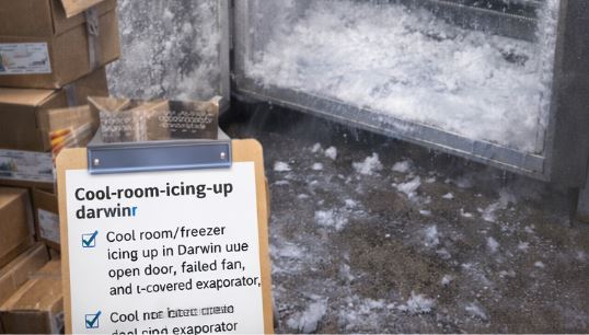 Commercial cool room icing up in Darwin due to humid air, showing ice buildup on evaporator coils and interior surfaces