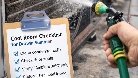 Technician cleaning condenser coils on a commercial cool room in Darwin as part of Build-Up season maintenance to prevent breakdowns