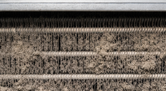 Dirty condenser coil on a commercial refrigeration unit in Darwin, showing dust and grime buildup that increases energy use and power bills