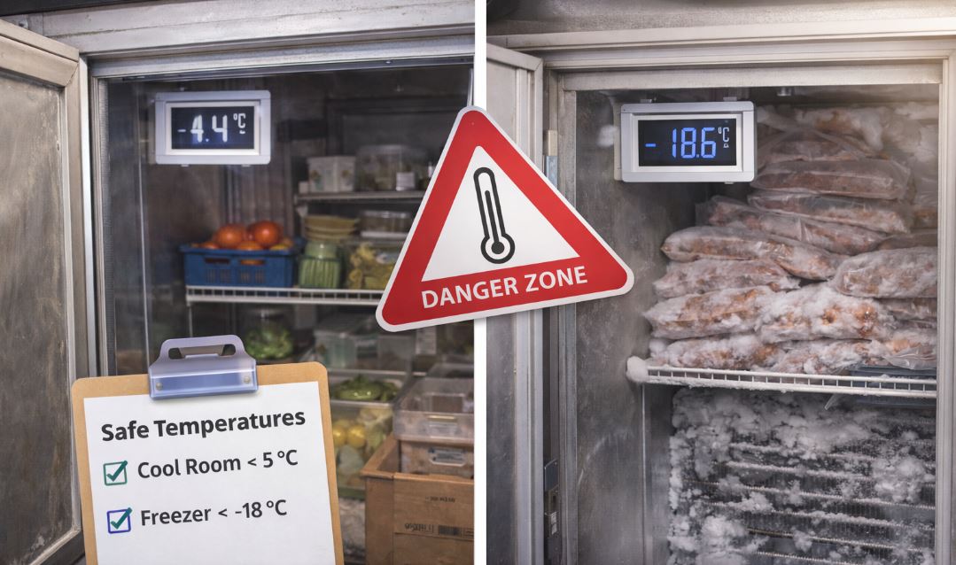 Commercial cool room and freezer in a Darwin kitchen showing safe food storage temperatures below 5°C and -18°C for NT food safety compliance