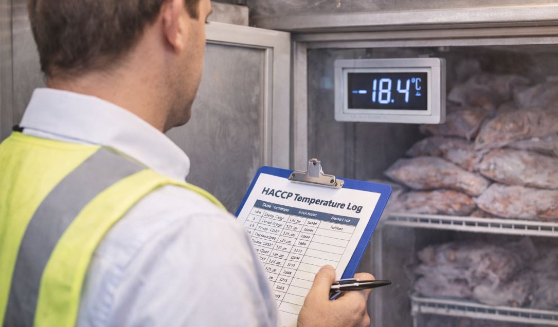 Health inspector in Darwin checking a commercial freezer temperature gauge and HACCP temperature log for kitchen compliance