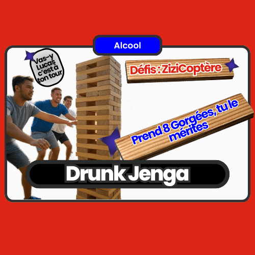 Un jeu d'équipe où chaque pièce de la tour Jenga contient un défi alcoolisé hilarant, parfait pour animer vos soirées