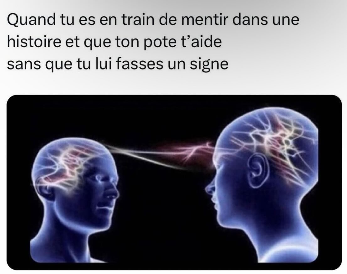 Mème montrant deux silhouettes de têtes humaines connectées par une ligne lumineuse, accompagné du texte 'Quand tu es en train de mentir dans une histoire et que ton pote t’aide sans que tu lui fasses un signe