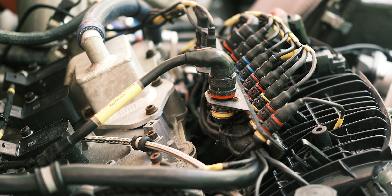 Close-up view of a car engine showcasing intricate wires and components, highlighting mechanical details and engineering design.