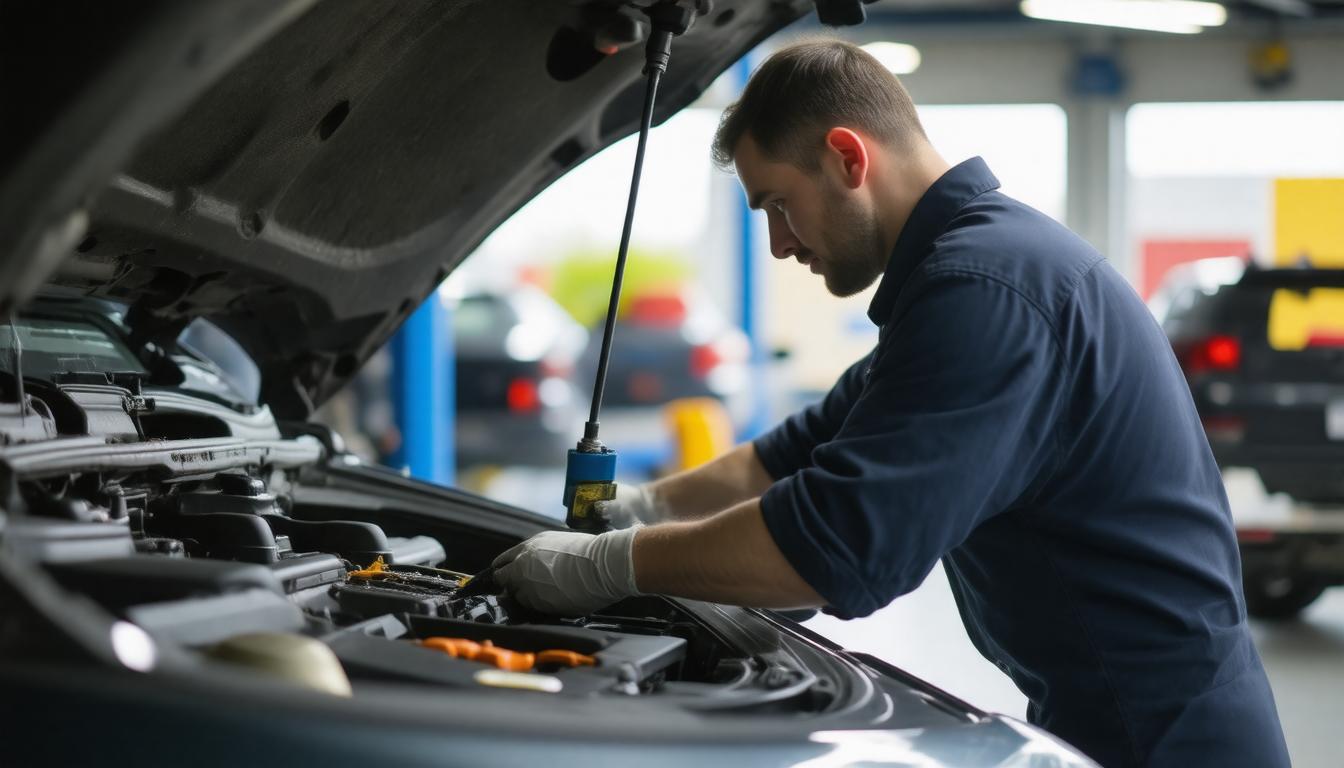A man repairs a car engine, focused on his task in a well-lit garage environment.