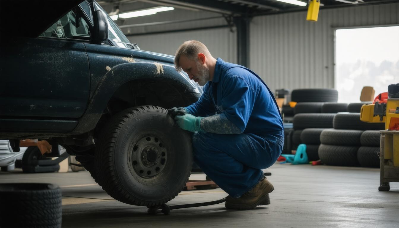 A man in blue overalls is repairing a tire, focused on his task in a workshop setting.