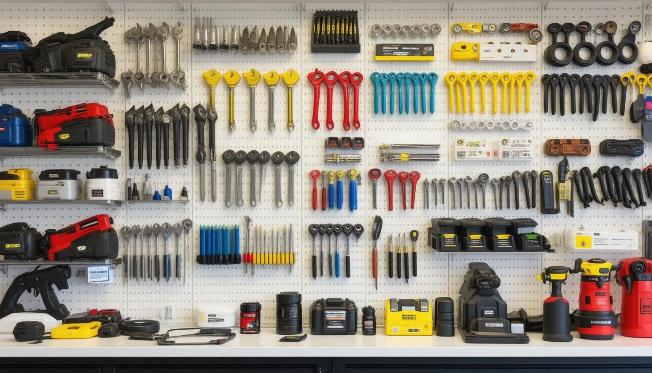 A neatly organized wall of various tools displayed in a garage setting, showcasing a range of equipment for DIY projects.