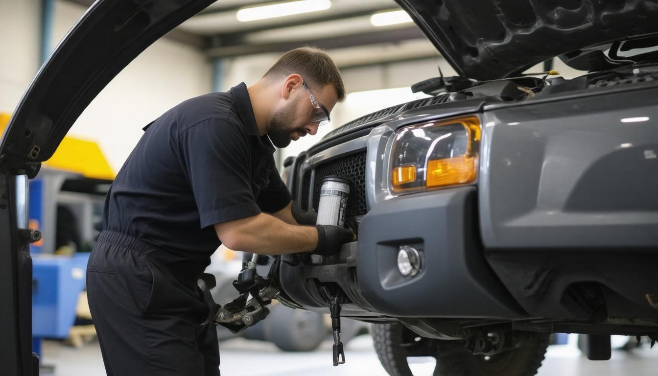 A man repairs a vehicle in a well-organized garage, surrounded by tools and equipment.