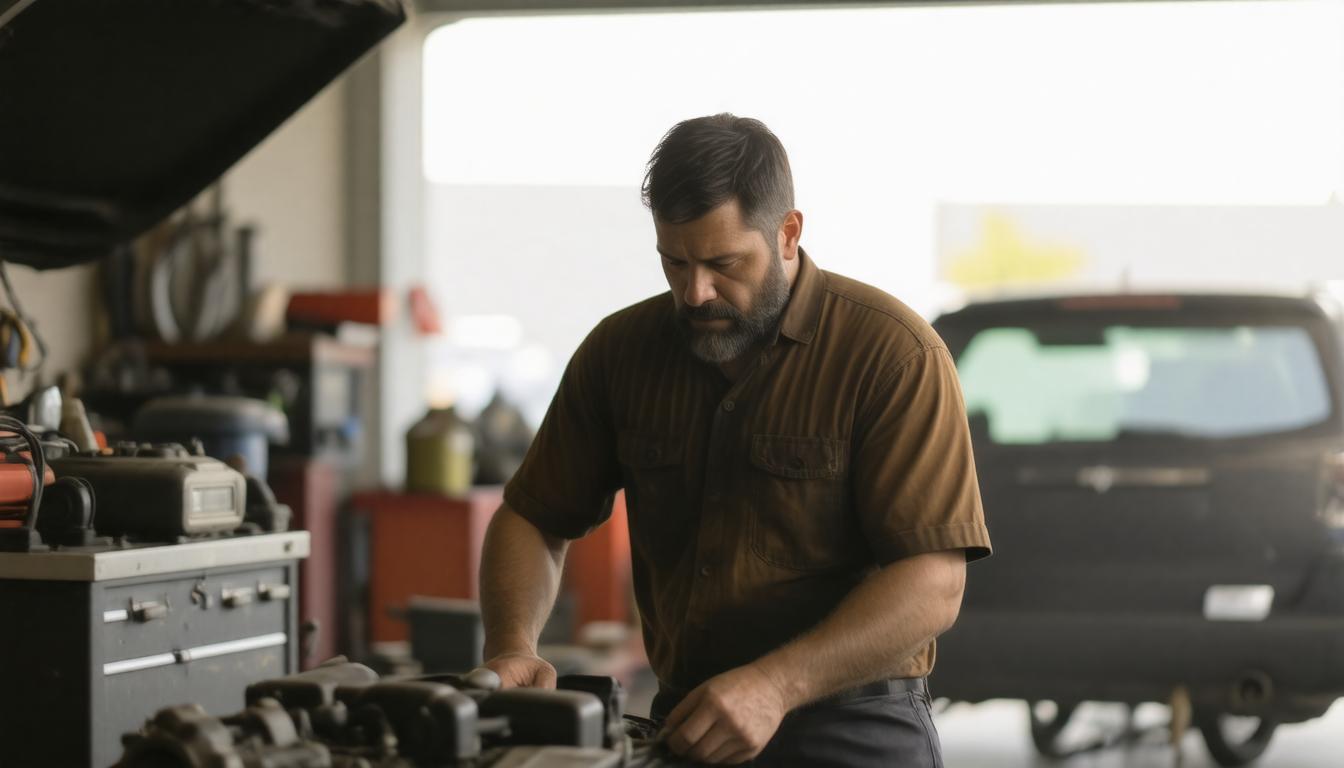 A man is diligently repairing a car inside a well-organized garage, surrounded by tools and equipment.