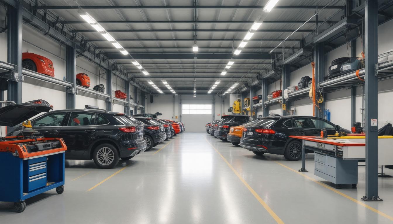 A busy car repair shop filled with various cars parked inside, showcasing a vibrant automotive service environment.