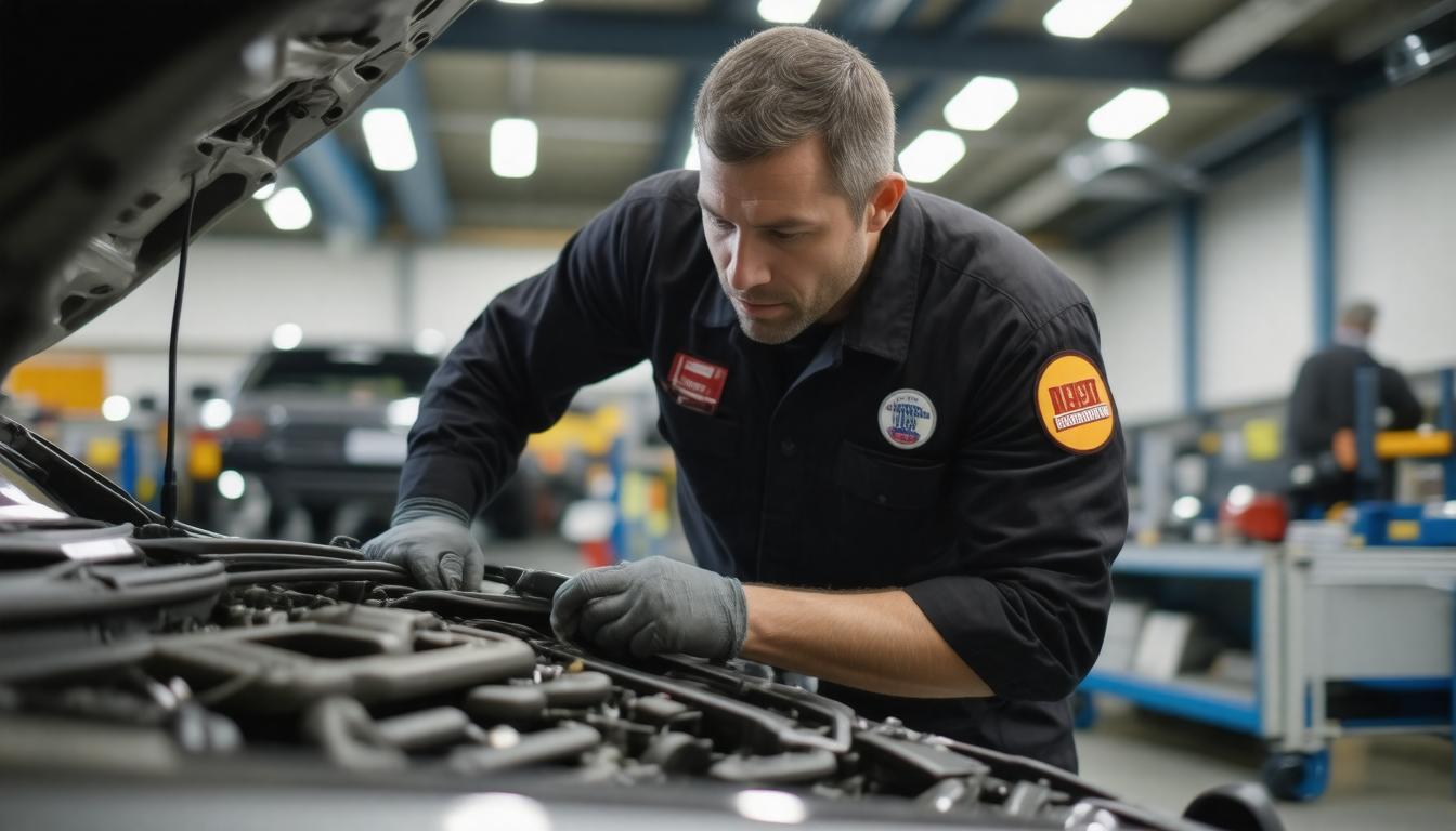 A man in a black shirt repairs a car engine, focused on his task in a well-lit garage environment.