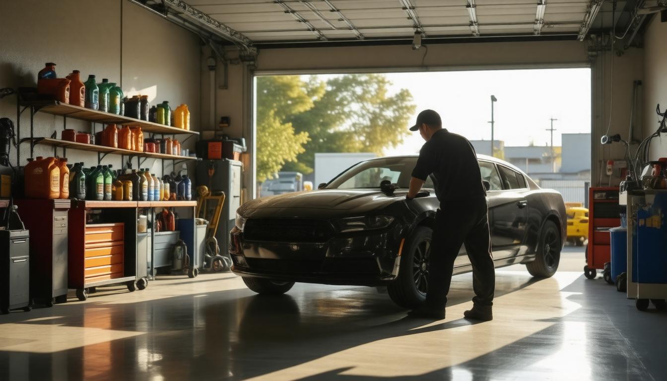 A man stands in a garage beside a car, showcasing a casual yet focused demeanor in the automotive environment.
