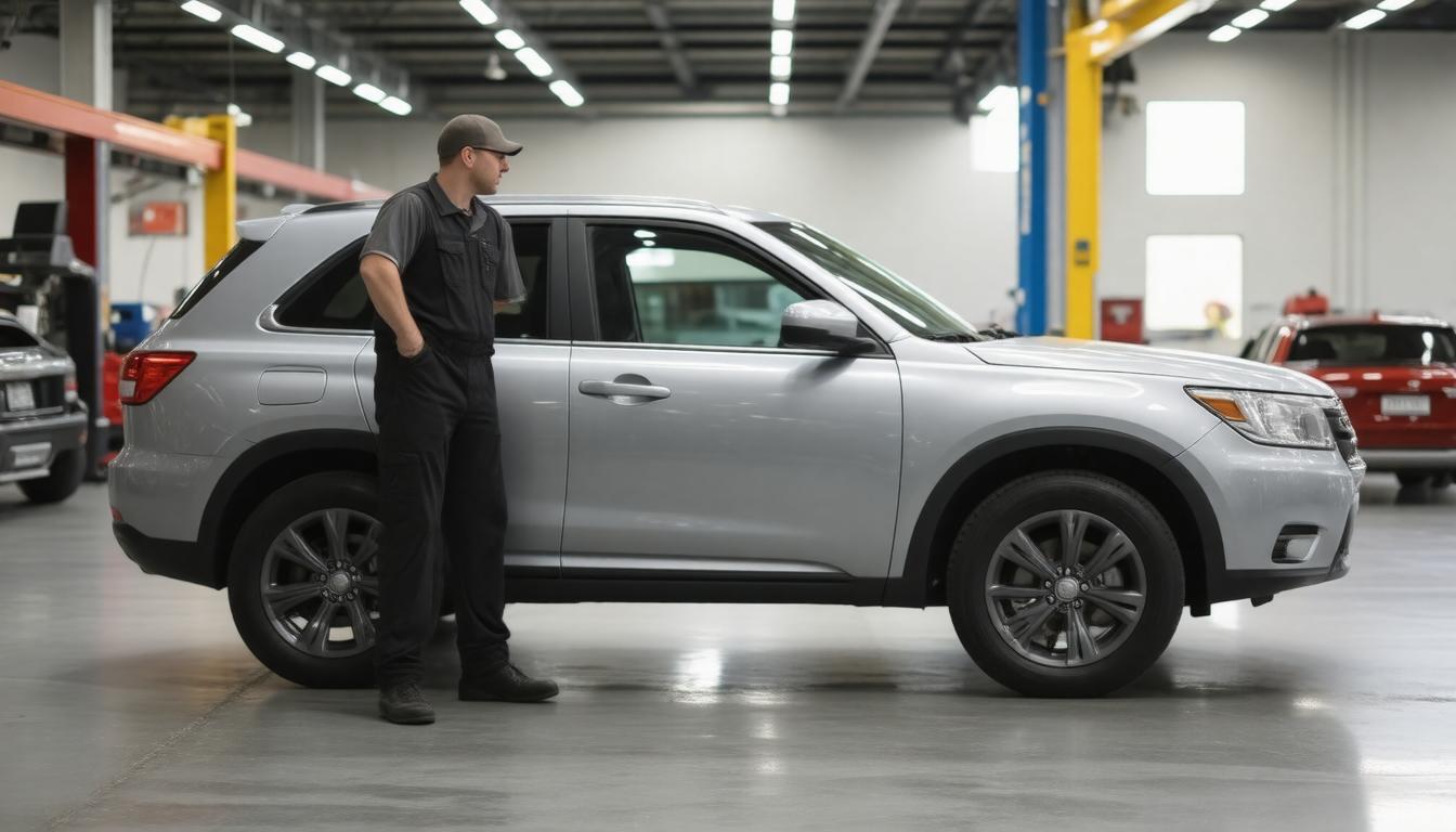 A man stands beside a silver SUV, showcasing a casual outdoor setting with a clear sky in the background.
