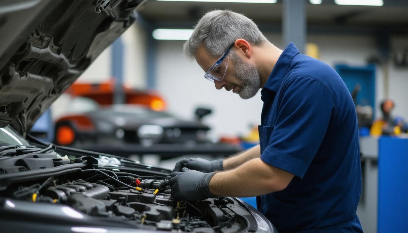 A man repairs a car in a well-organized garage, surrounded by tools and automotive equipment.