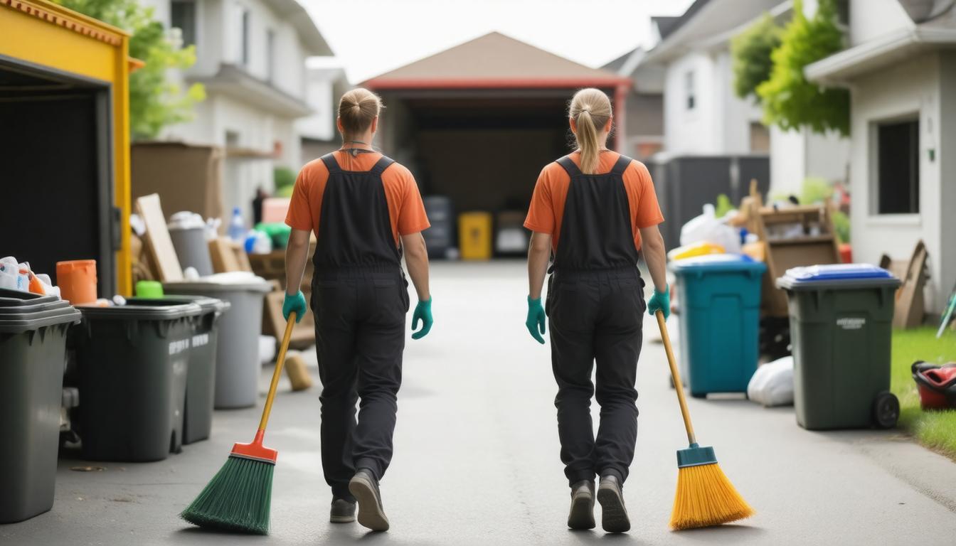 Two women in orange overalls walk down a street, each holding a broom, engaged in a cleaning task.