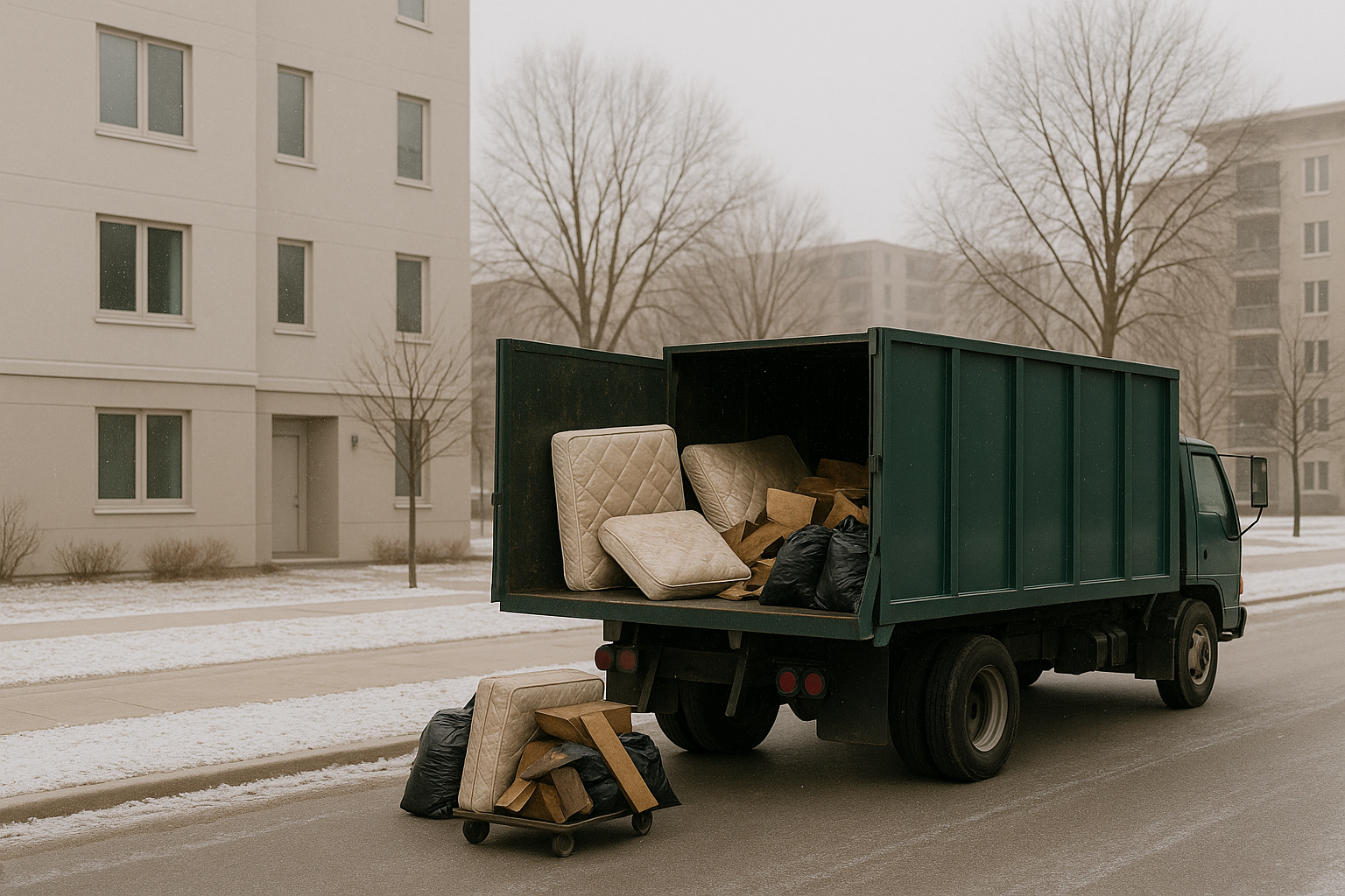 A truck carrying a mattress in its bed, parked on a street with trees in the background.