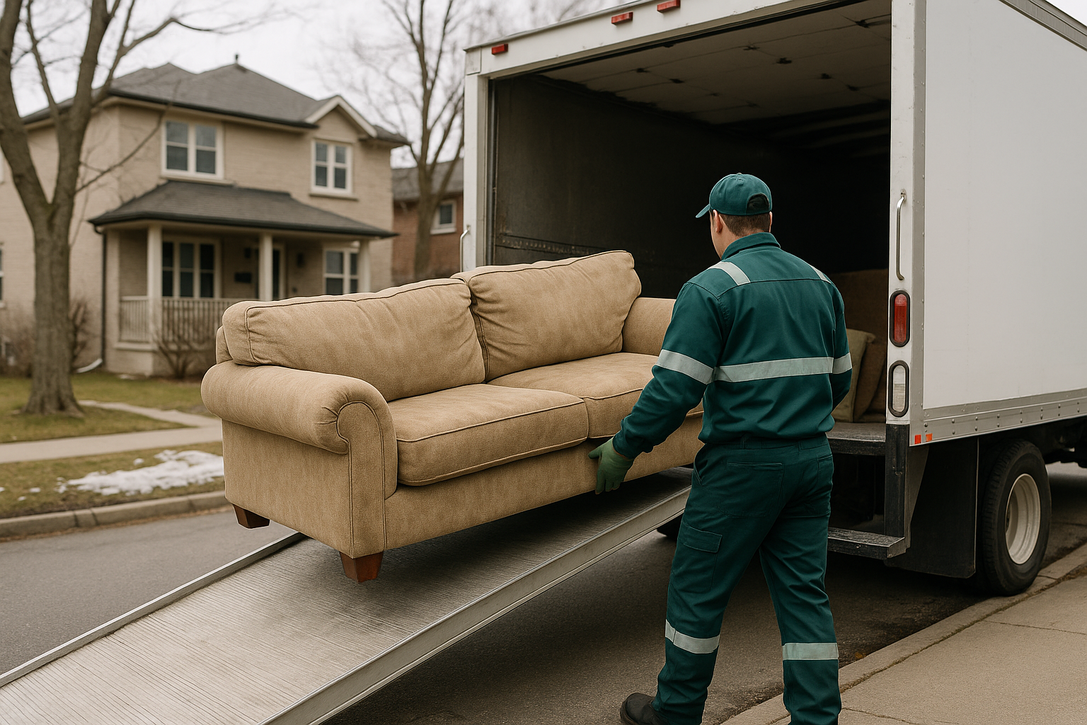 A man in a green uniform is loading a couch onto a moving truck.