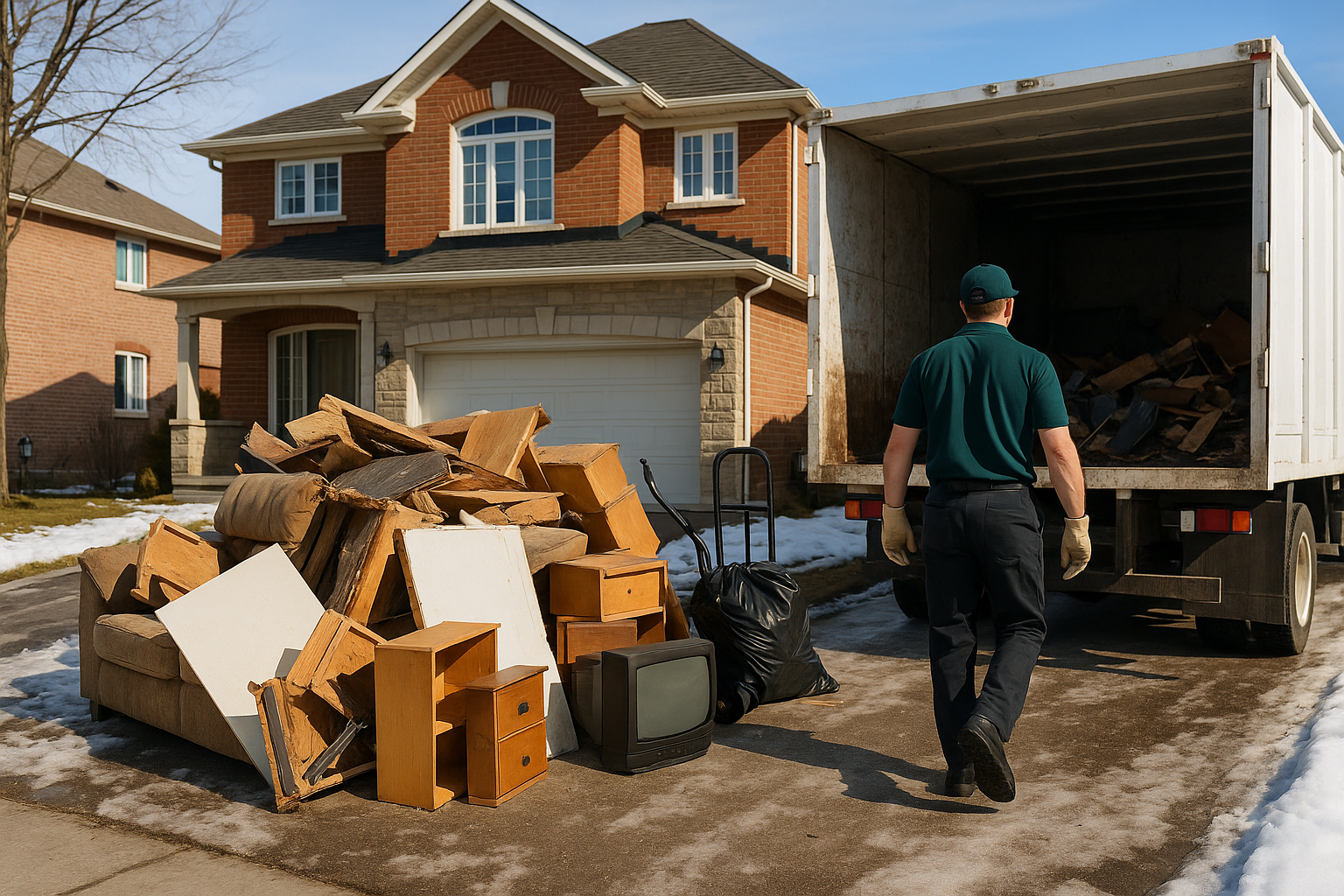 A man is loading various pieces of furniture into the back of a truck.