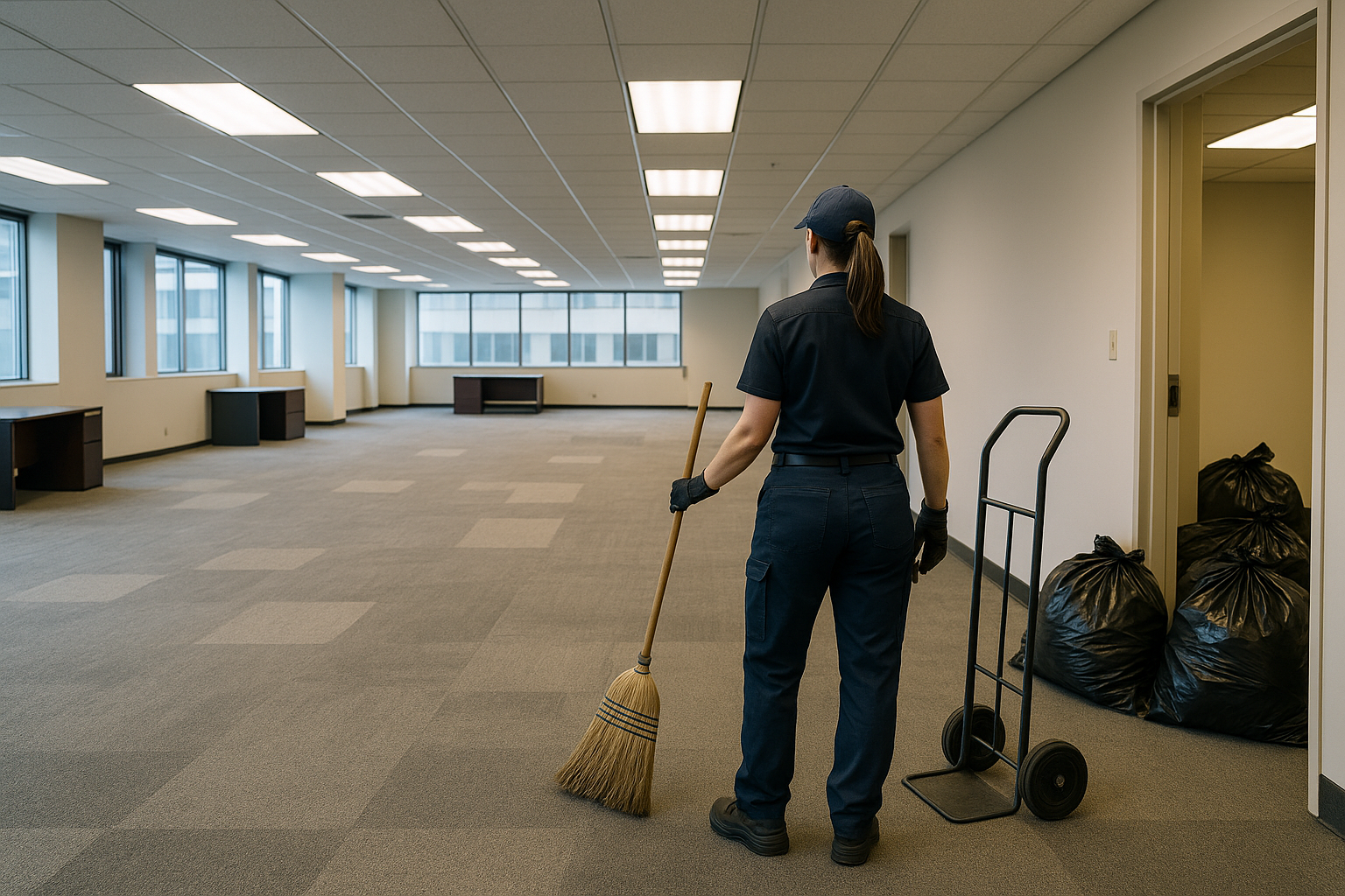 A woman is sweeping the floor in a tidy office space, maintaining cleanliness and organization.