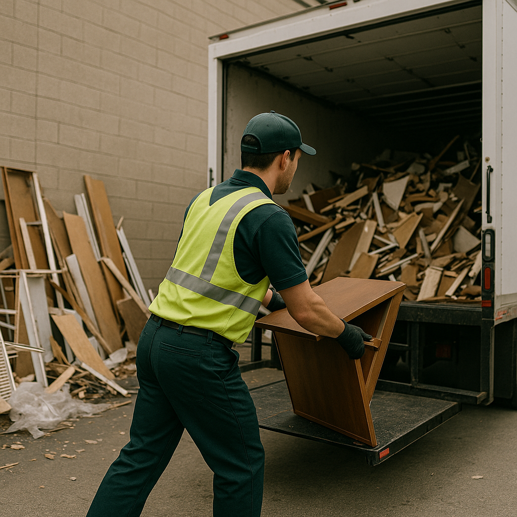 A man is loading a wooden table into the back of a moving truck.