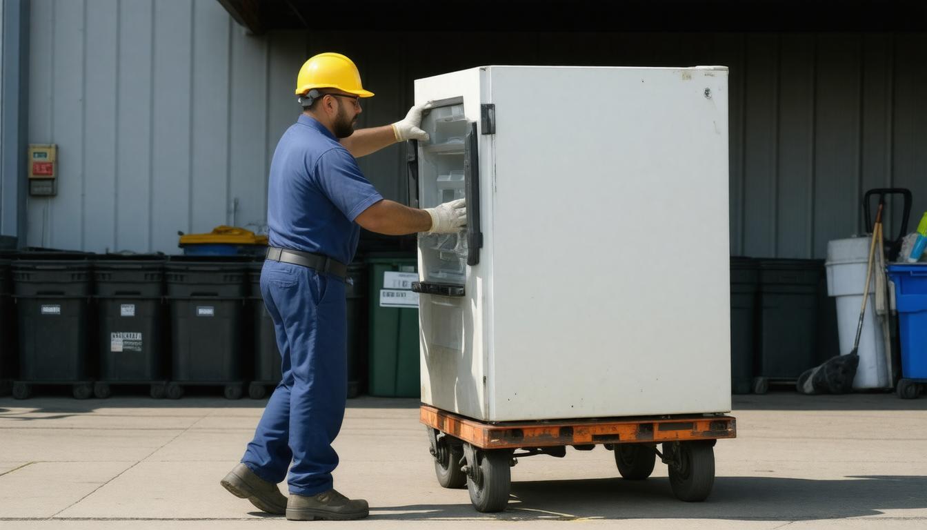 A man wearing a hard hat and safety glasses is carefully moving a refrigerator.