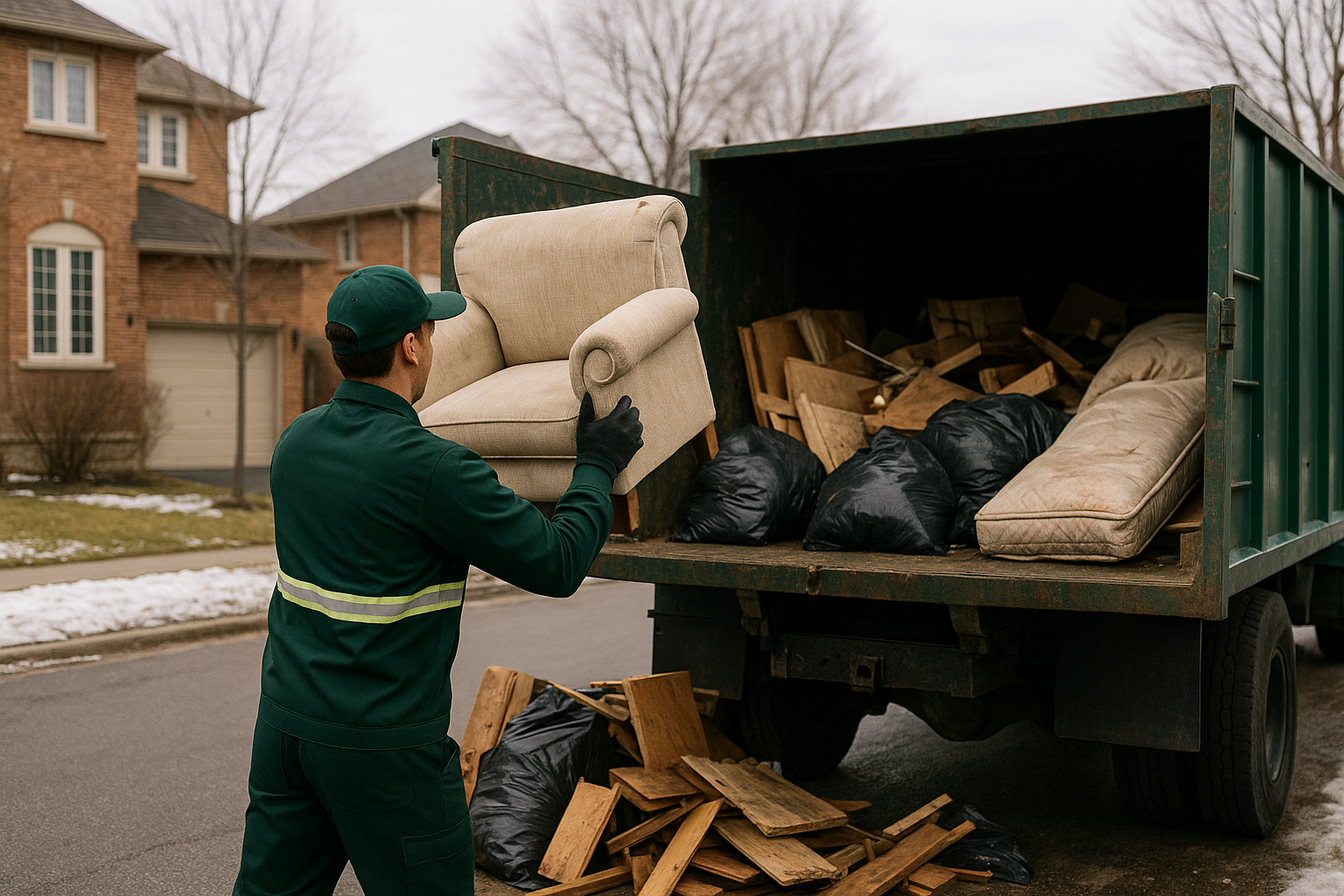 A man in a green uniform loads a couch into a truck, preparing for a move or delivery.