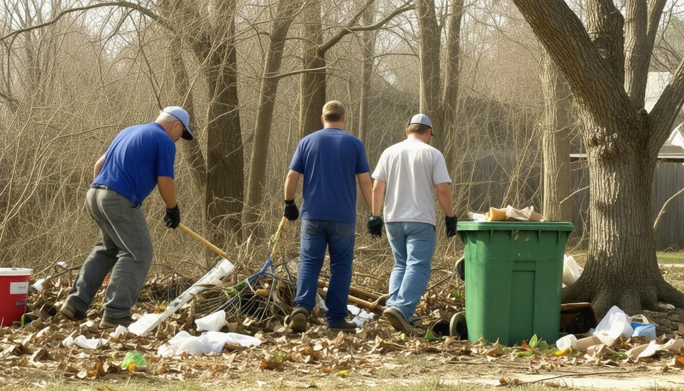 Three men in blue shirts and jeans are picking up trash in a park, promoting community cleanliness and environmental care.