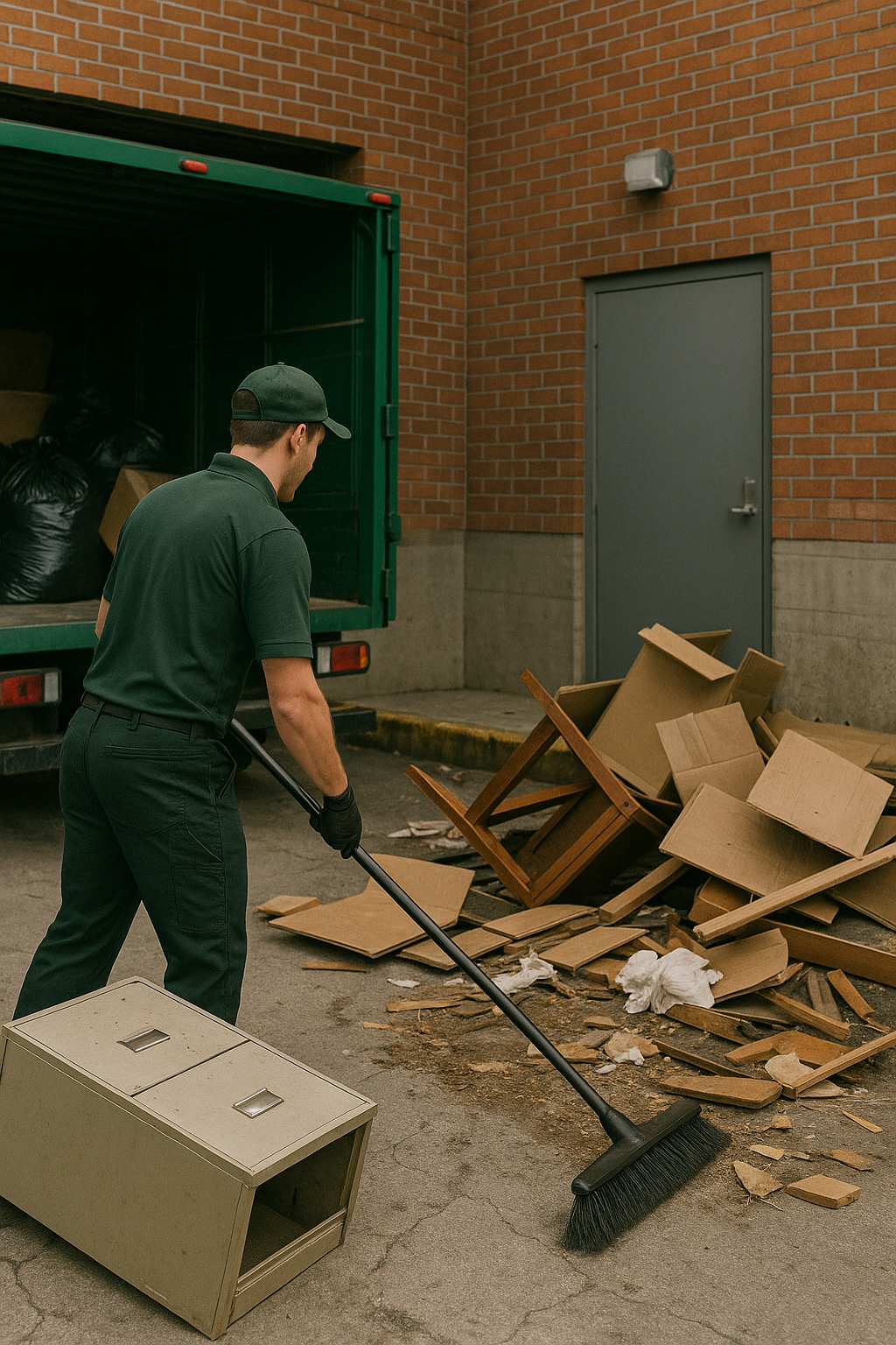 A man in a green shirt and black pants sweeps cardboard boxes into a pile on the floor.
