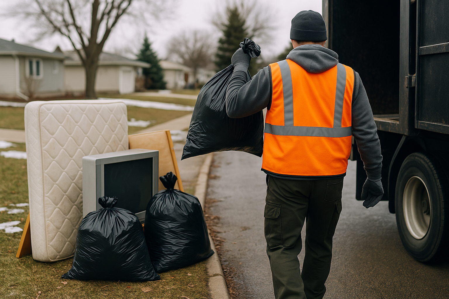 A man carrying several bags of garbage and an old television, walking down a sidewalk.