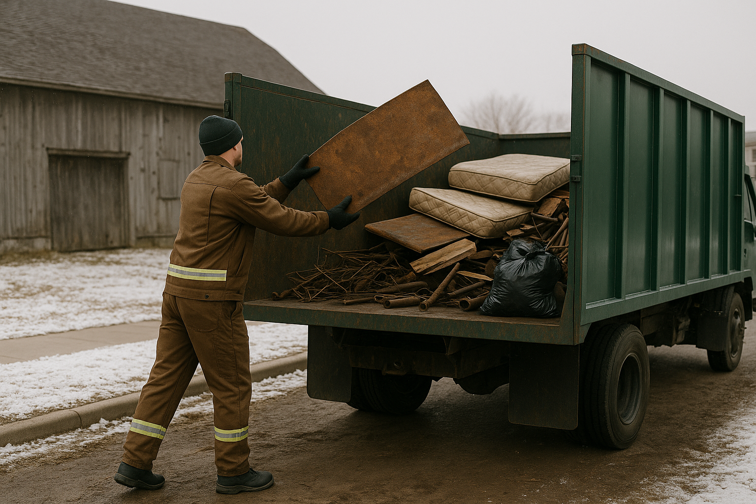 A man loading wooden planks into the back of a truck on a sunny day.