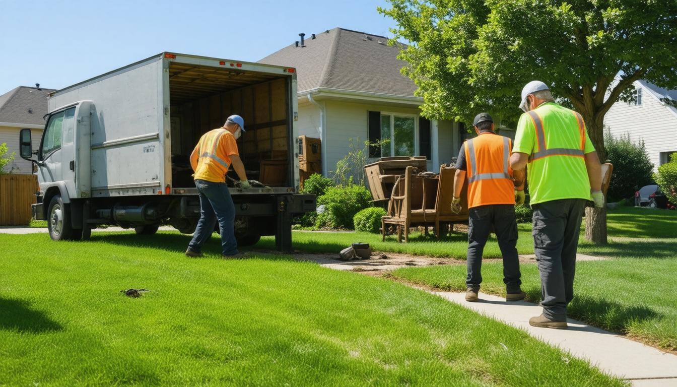 Three men in orange vests are actively working on a lawn, performing tasks related to landscaping or maintenance.