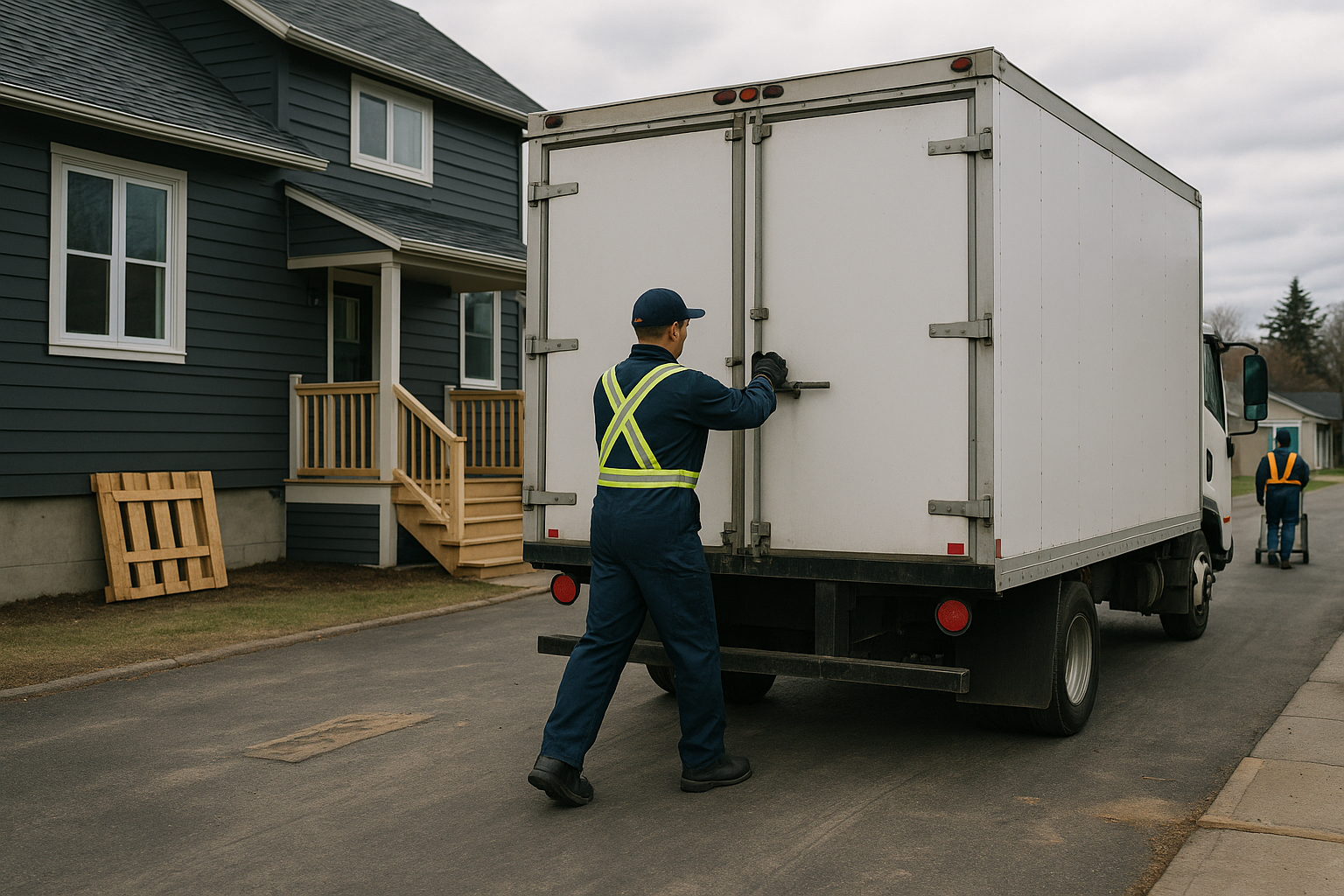 A man is loading a white truck on a city street, preparing for transport.