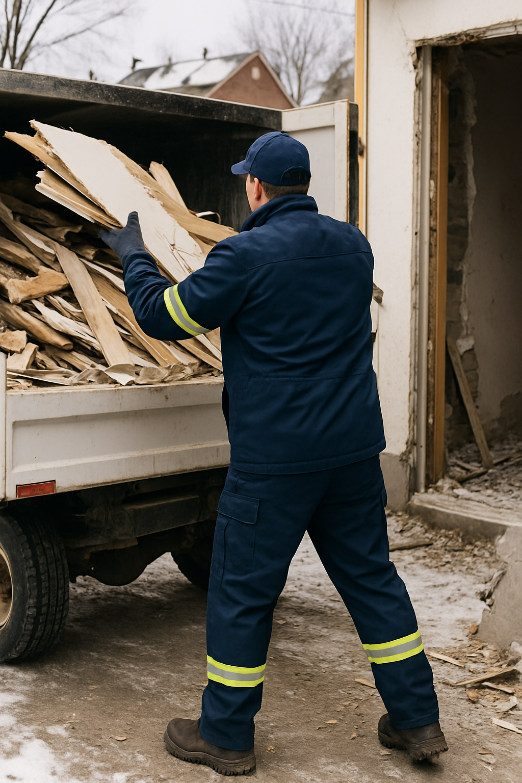 A man in blue work clothes loads wooden planks into the back of a truck under a clear sky.