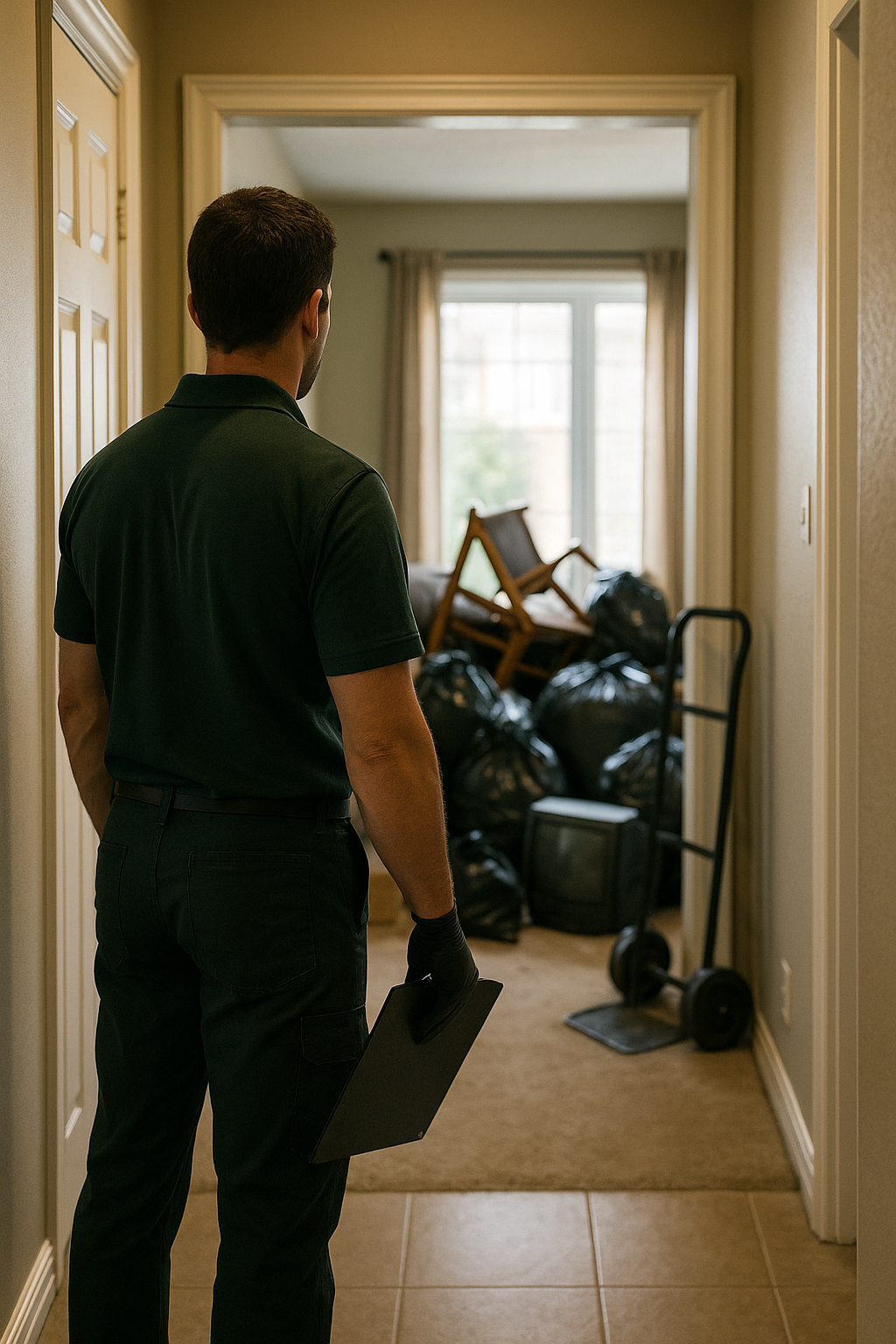 A man in a green shirt stands in a hallway cluttered with garbage.