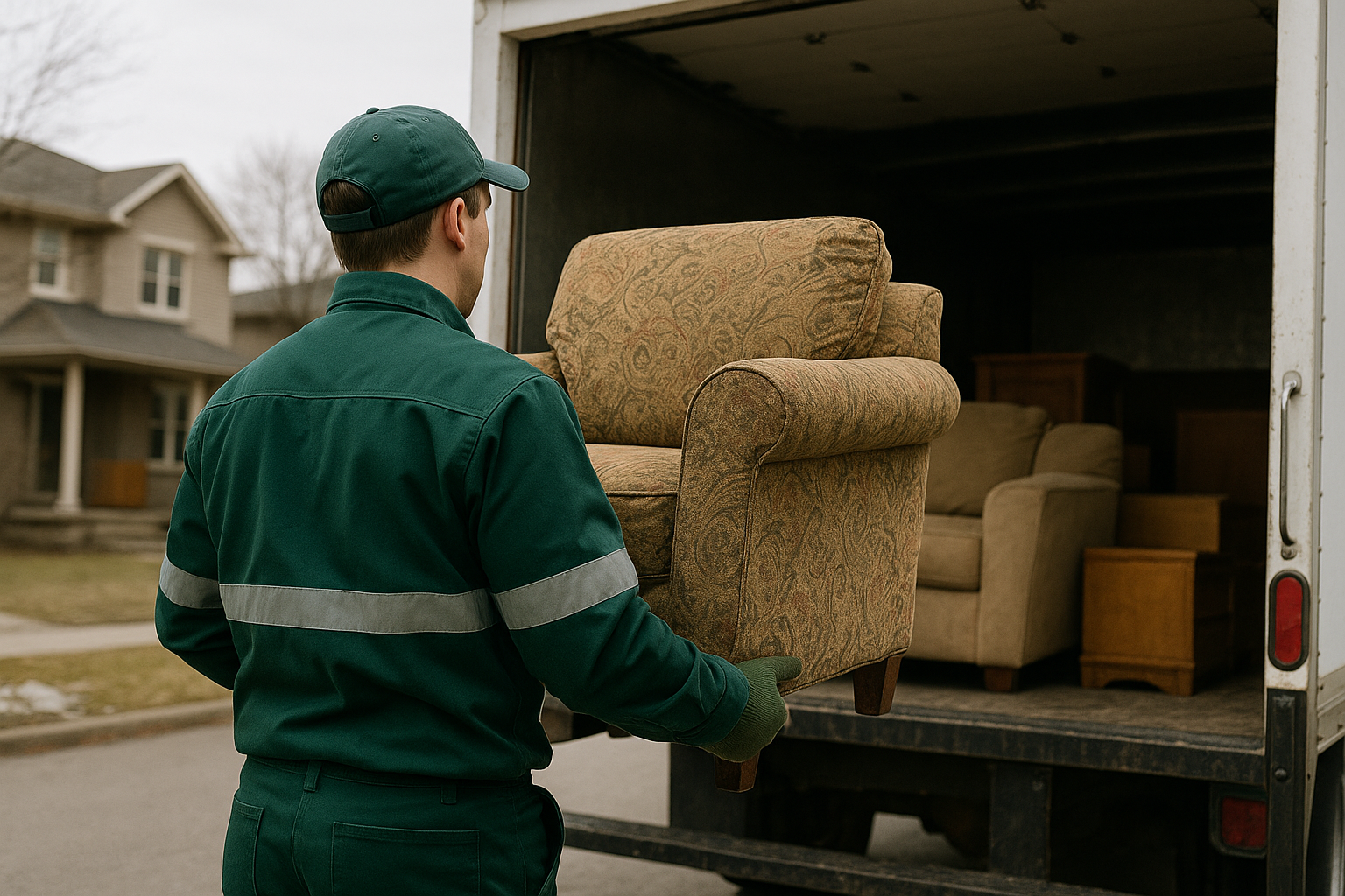 A man in a green uniform is loading a couch into a moving truck.