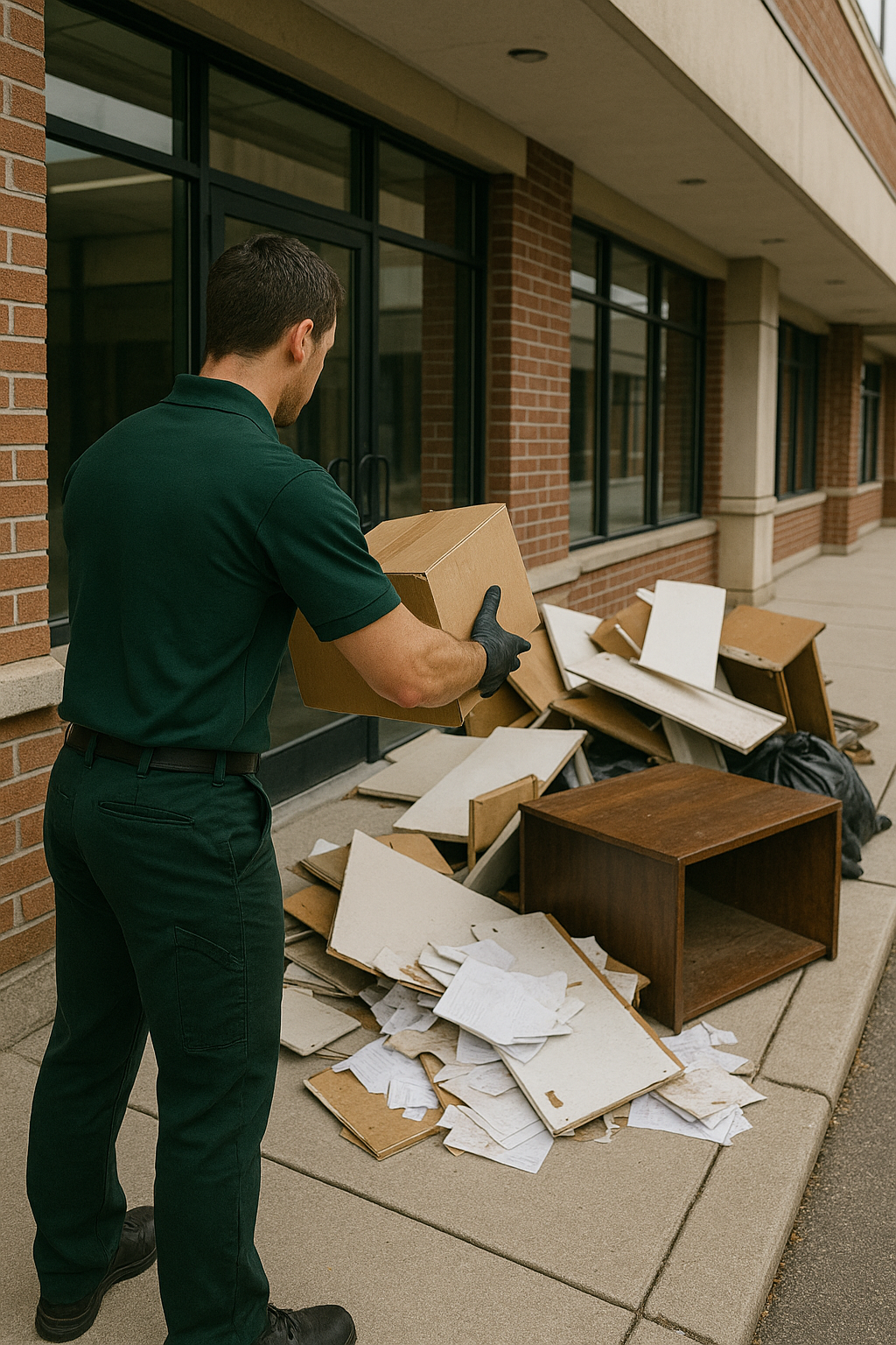 A man wearing a green shirt and gloves is lifting and moving boxes in a storage area.