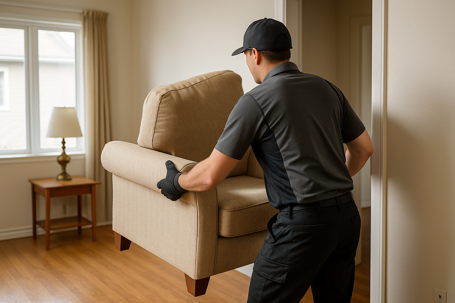 A man is repositioning a chair in a well-lit room with neutral-colored walls and a wooden floor.