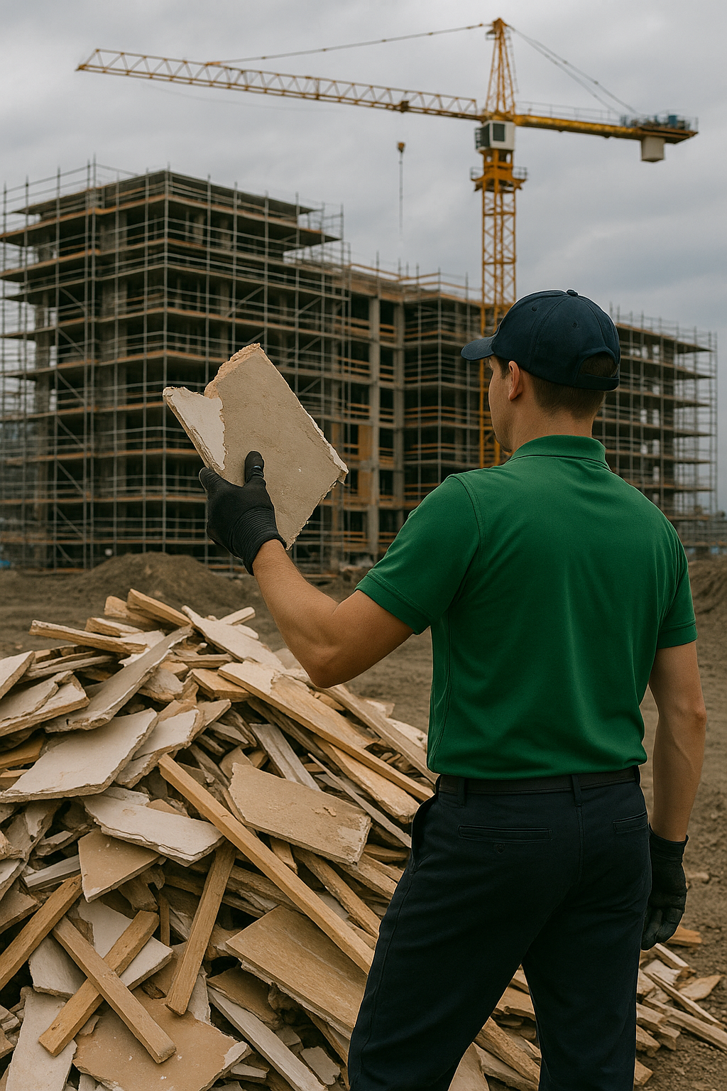 A man in a green shirt holds a large pile of wood, standing outdoors in a natural setting.