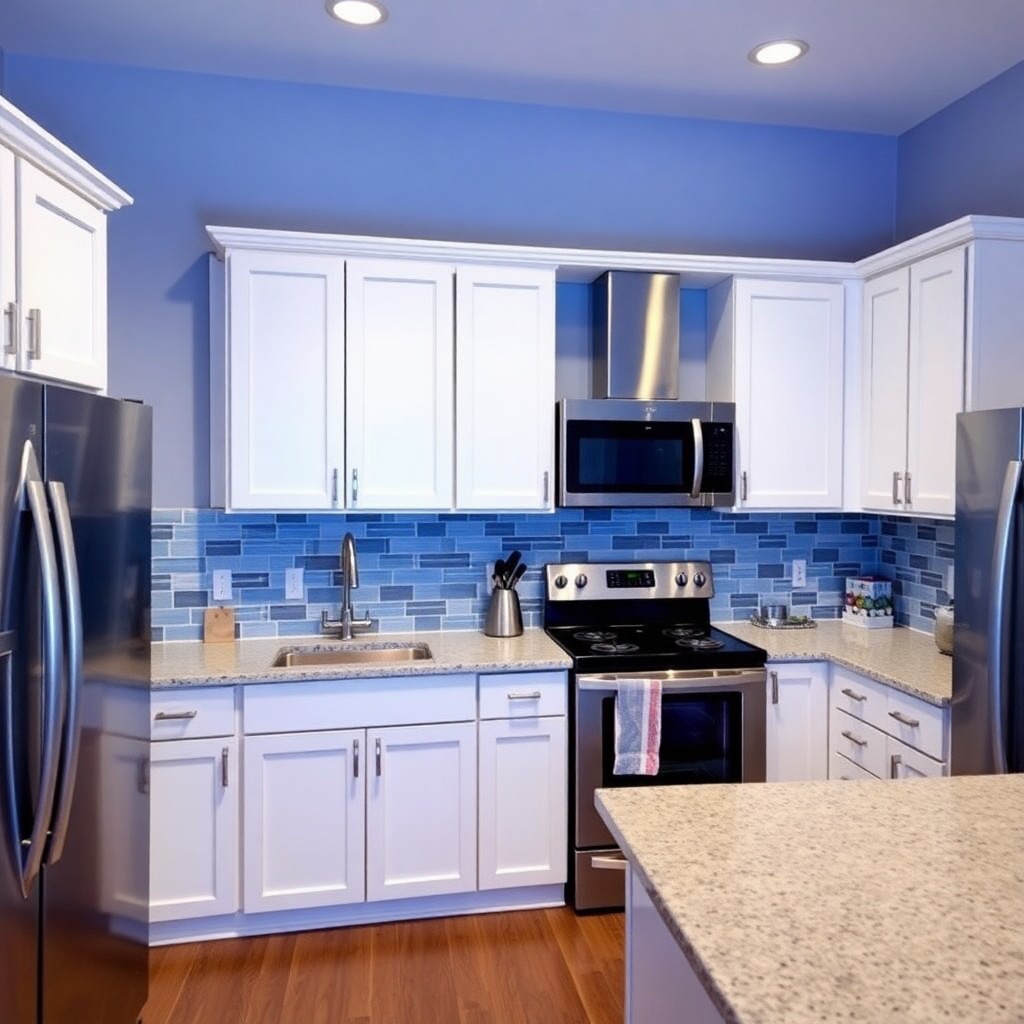 A modern kitchen featuring white cabinets complemented by blue tiled accents on the walls and backsplash.