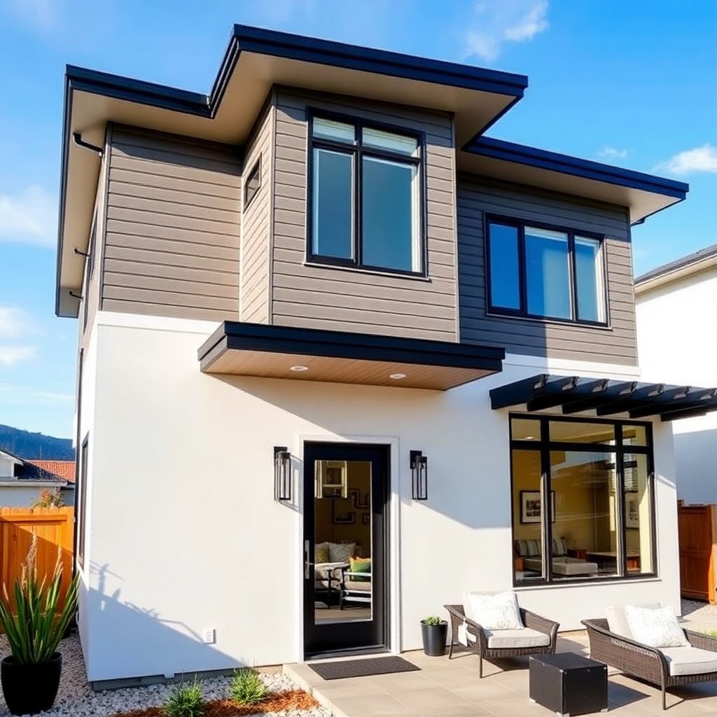 Modern house featuring a spacious patio adorned with stylish outdoor furniture, ideal for relaxation and entertainment.