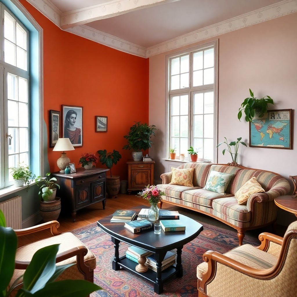 A cozy living room featuring vibrant orange walls and matching furniture, creating a warm and inviting atmosphere.