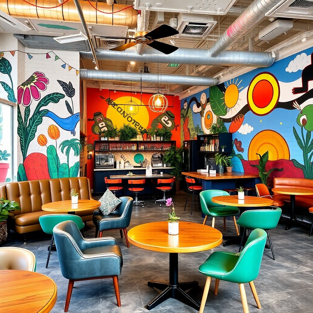 A vibrant restaurant featuring colorful walls and tables, creating a lively and inviting dining atmosphere.