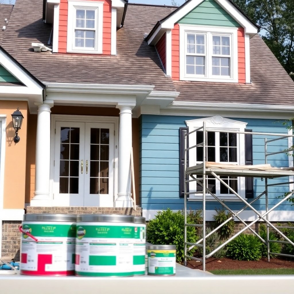 A house surrounded by paint cans and a ladder, indicating ongoing painting or renovation work.