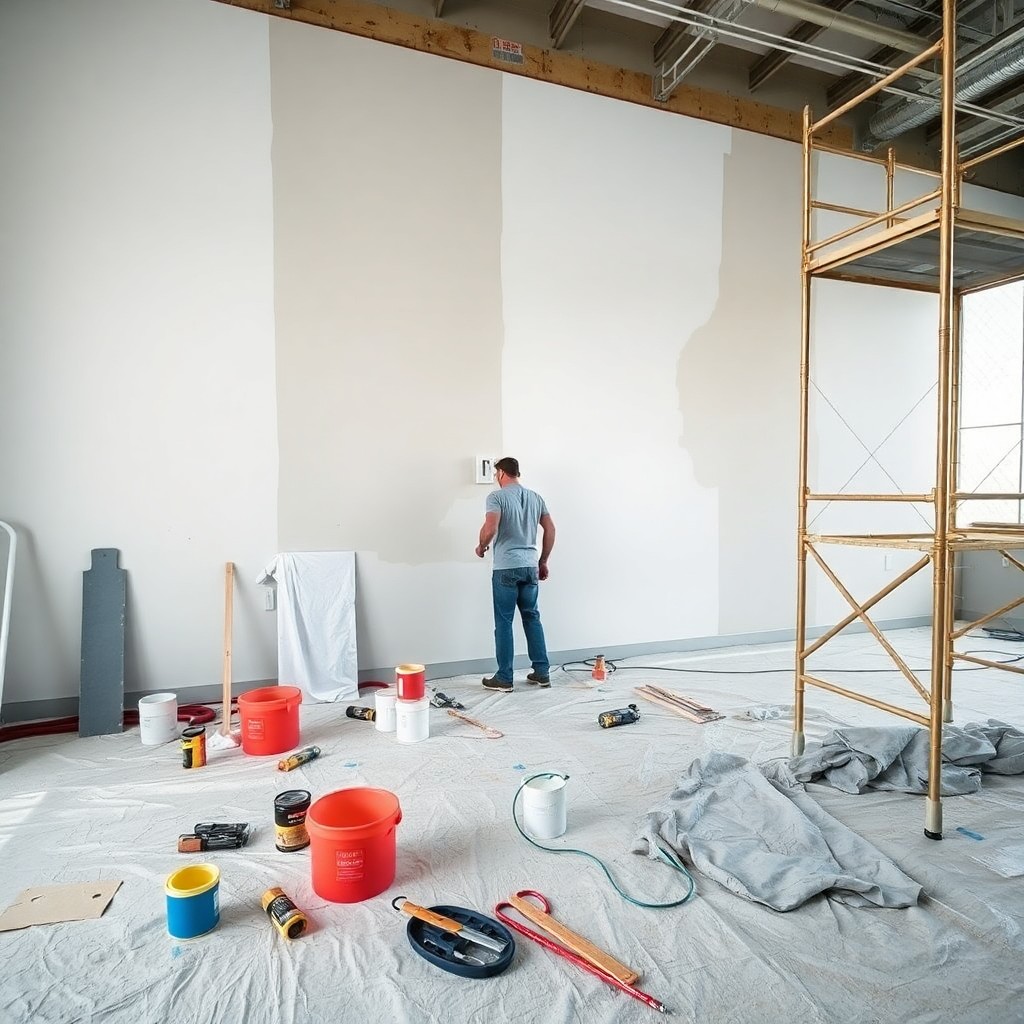 A man is painting a room using various tools and paint, focused on enhancing the space's appearance.