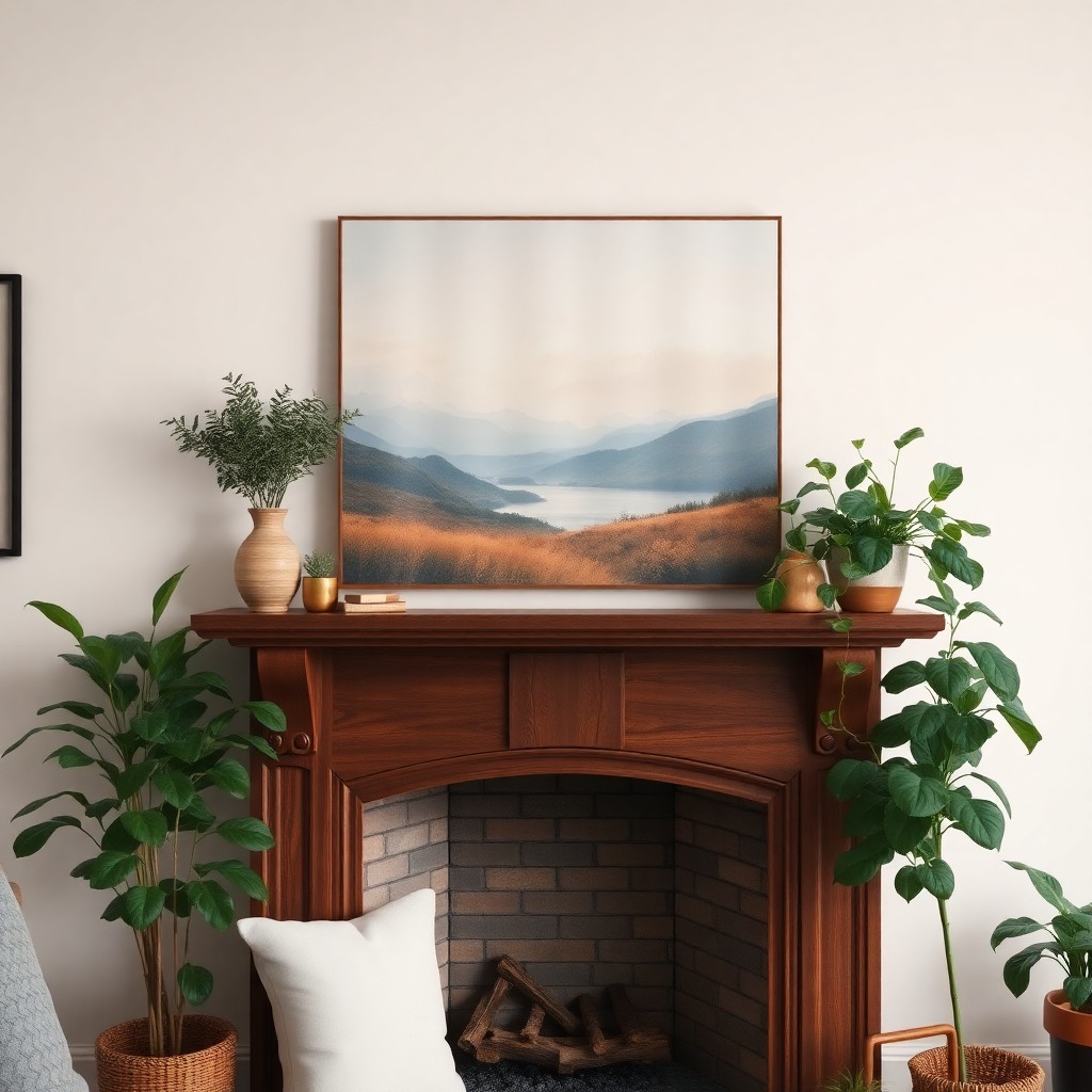 A cozy living room featuring a fireplace with an elegant painting displayed above it.