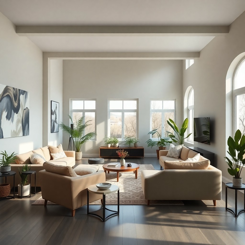 A contemporary living room featuring large windows that allow natural light and elegant hardwood flooring.