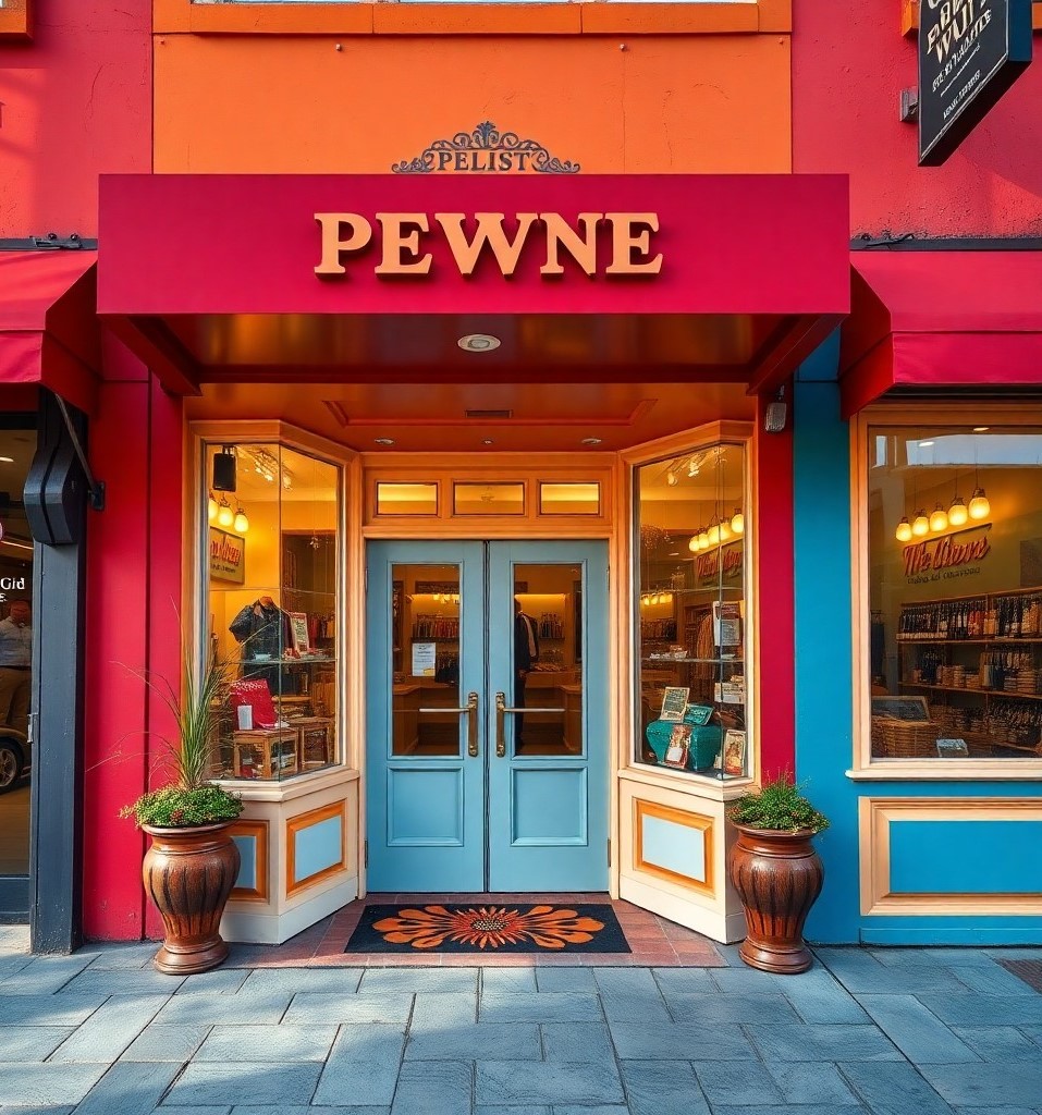 Brightly colored store entrance inviting customers with vibrant hues and an engaging atmosphere.