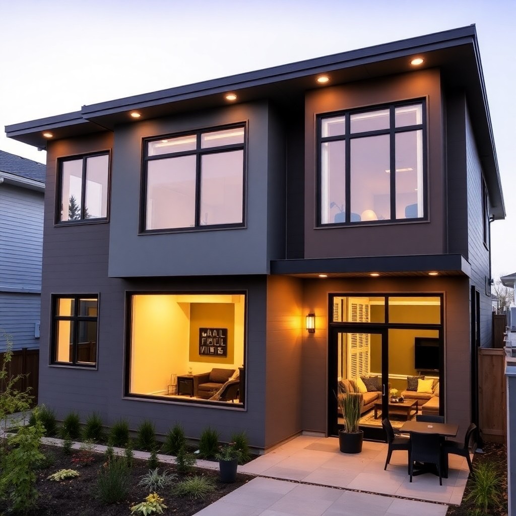Modern home featuring expansive windows and a spacious patio, showcasing contemporary architecture and outdoor living space.