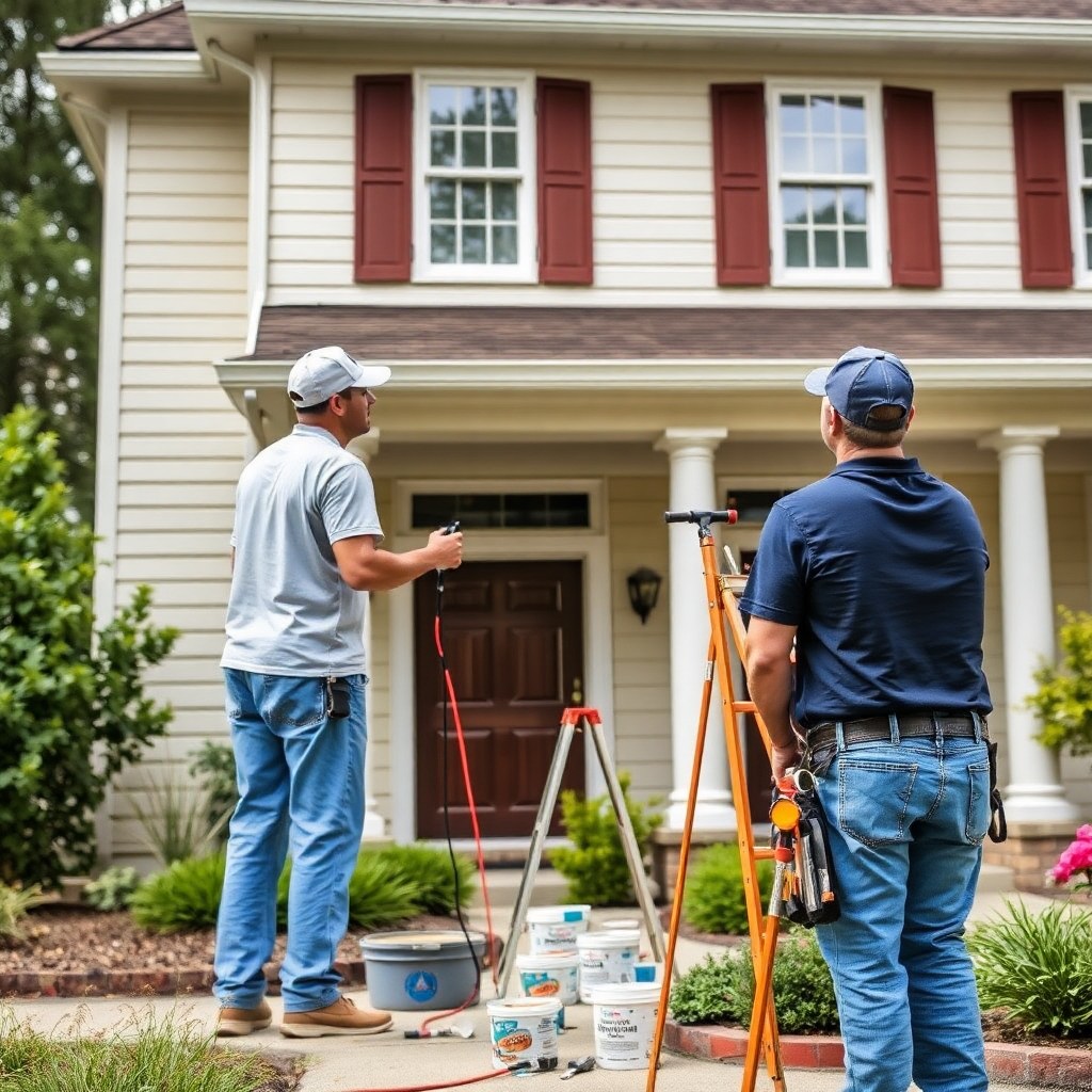 Two men holding tools stand in front of a house, ready for home improvement or repair work.